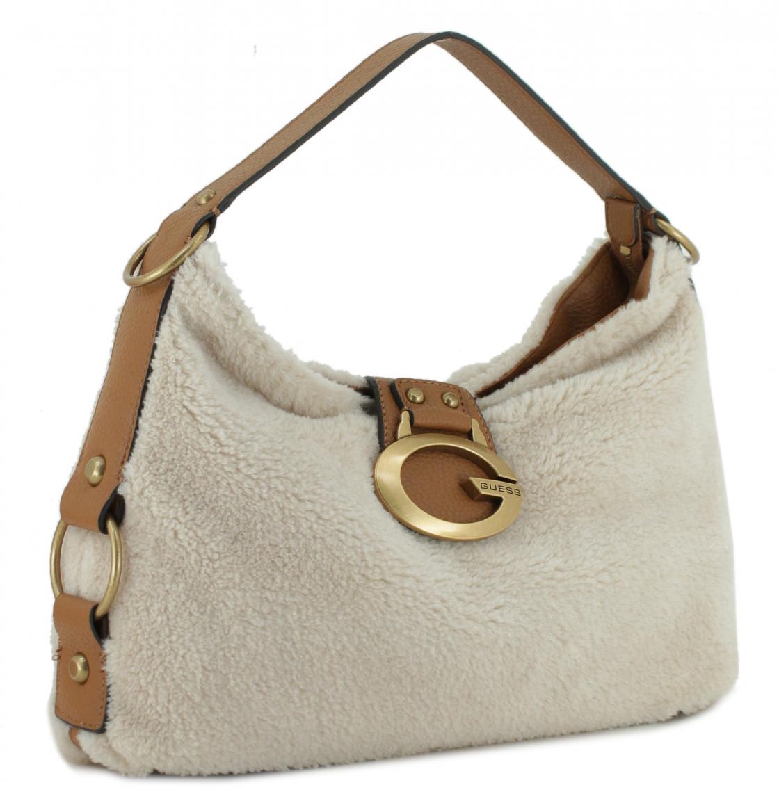 Schultertasche Guess Camden Natural Cognac hellbeige Teddyfell