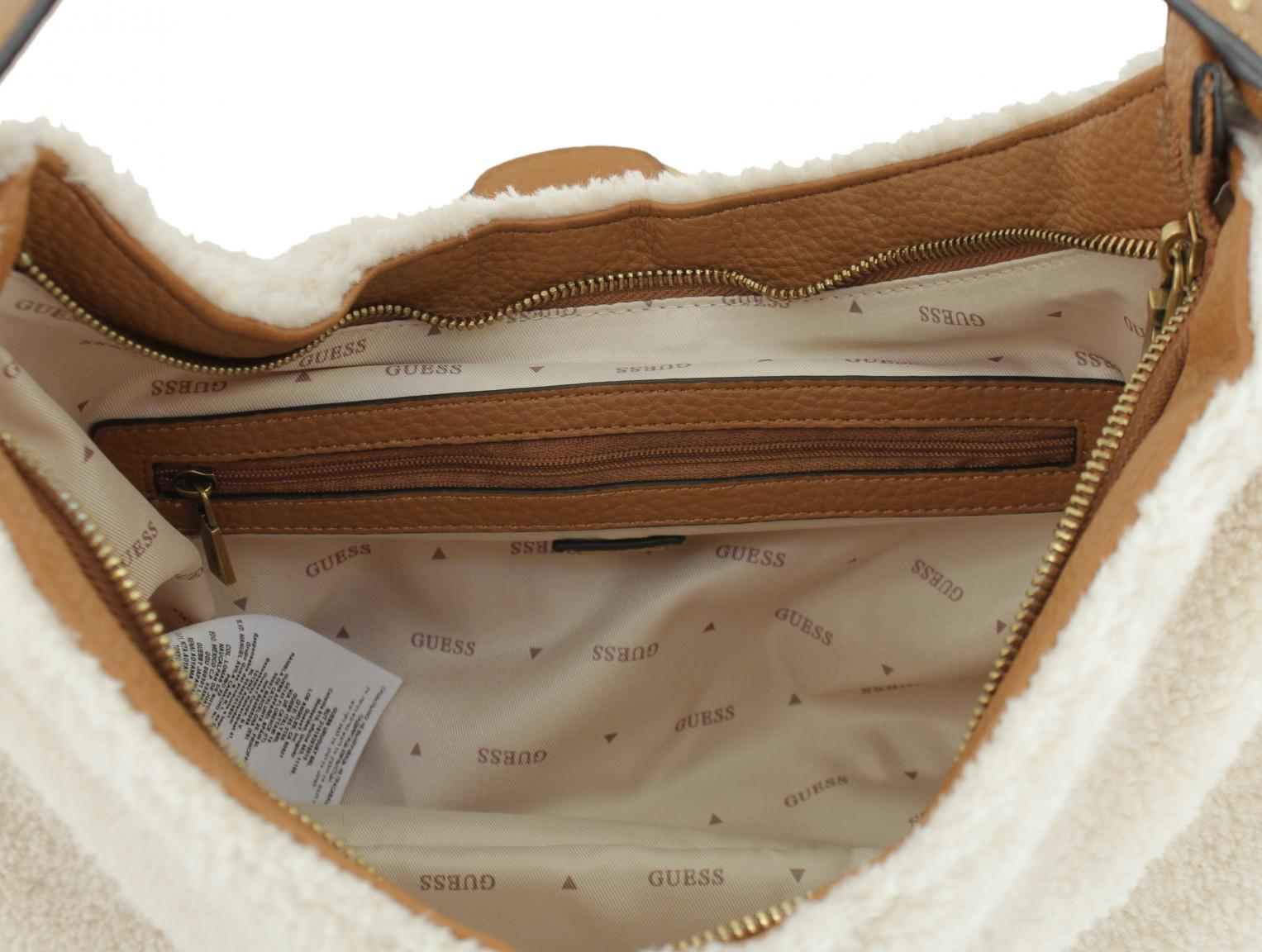 Schultertasche Guess Camden Natural Cognac hellbeige Teddyfell