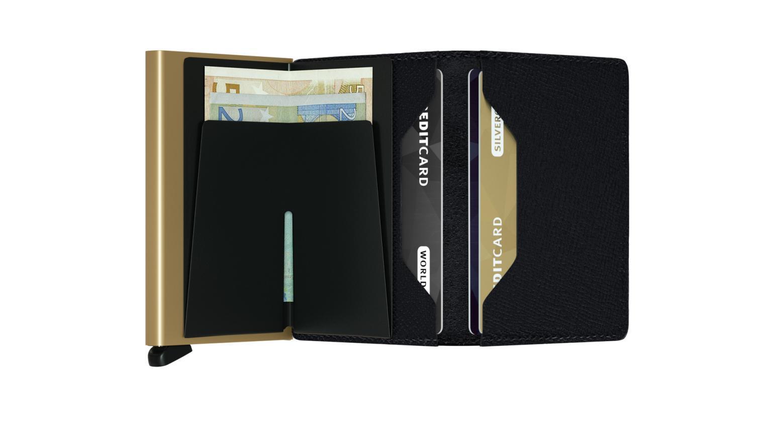 Secrid Crisple Black Slimwallet Saffiano Leder Aluminium Kartenetui schwarz gold RFID Schutz