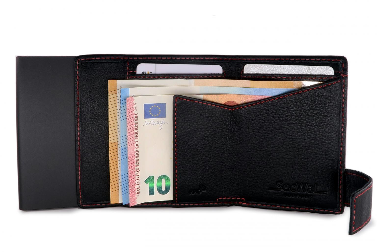 Secwal Geldtasche RFID Kartenschutz schwarz mit roter Naht