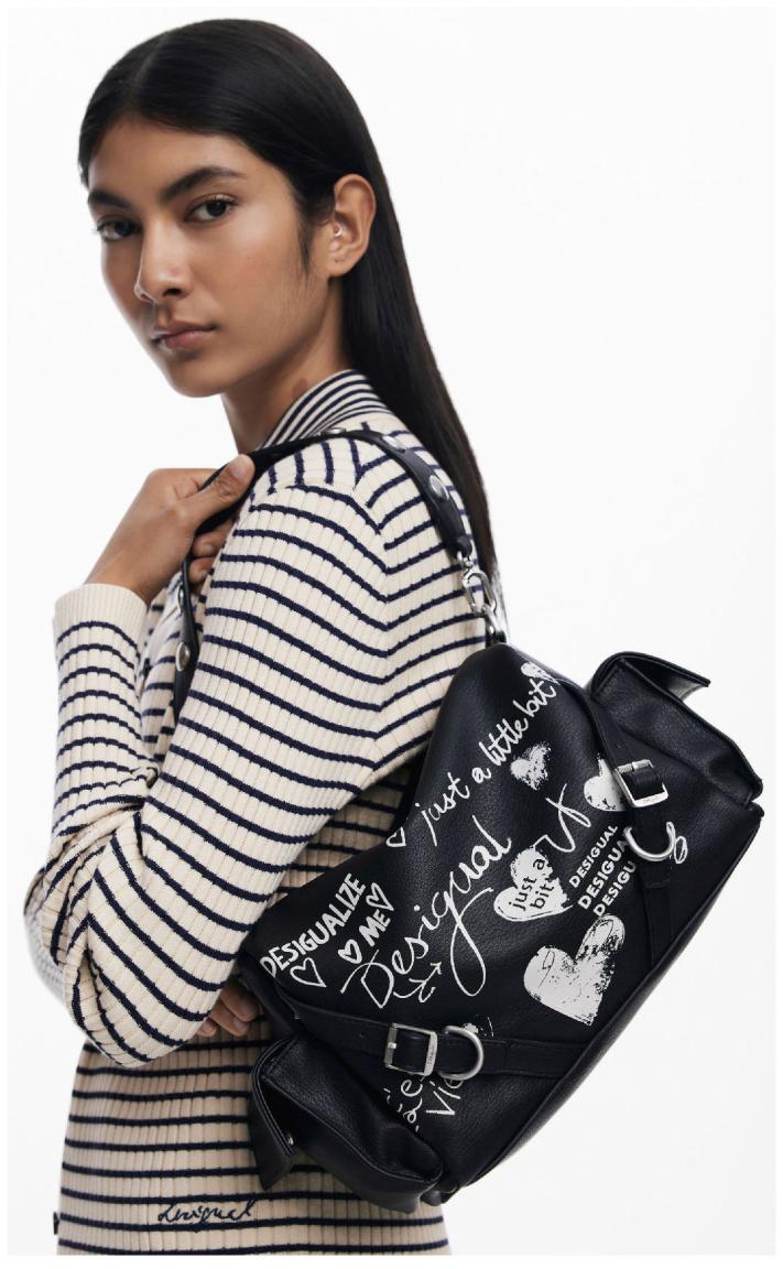 Seshat Habana Desigual Schultertasche schwarz Print weiß Statement negro