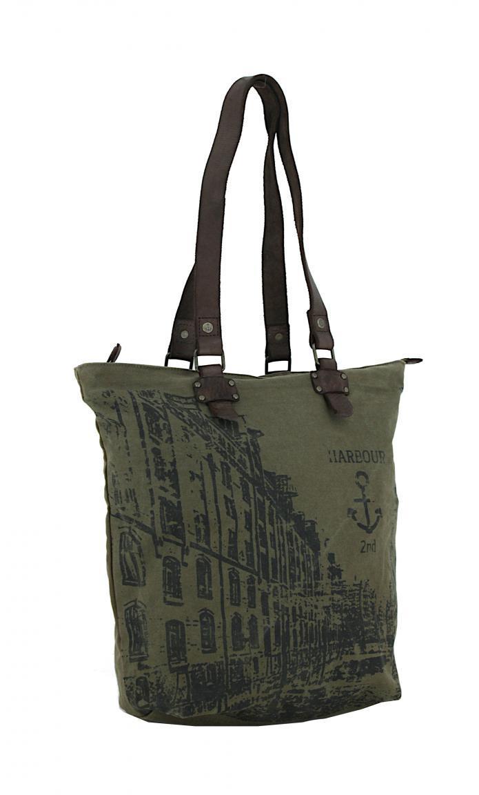 Shopper Khaki schwarz Ash Harbour2nd Pauli Canvas Stoffprint Leder