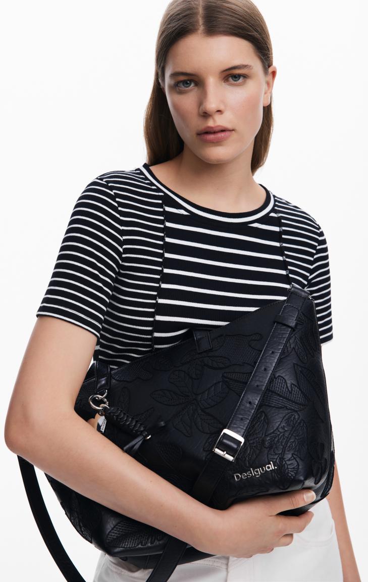 Shoppertasche Cahuil schwarz Blätter Desigual Jolie geräumig Stickerrei 