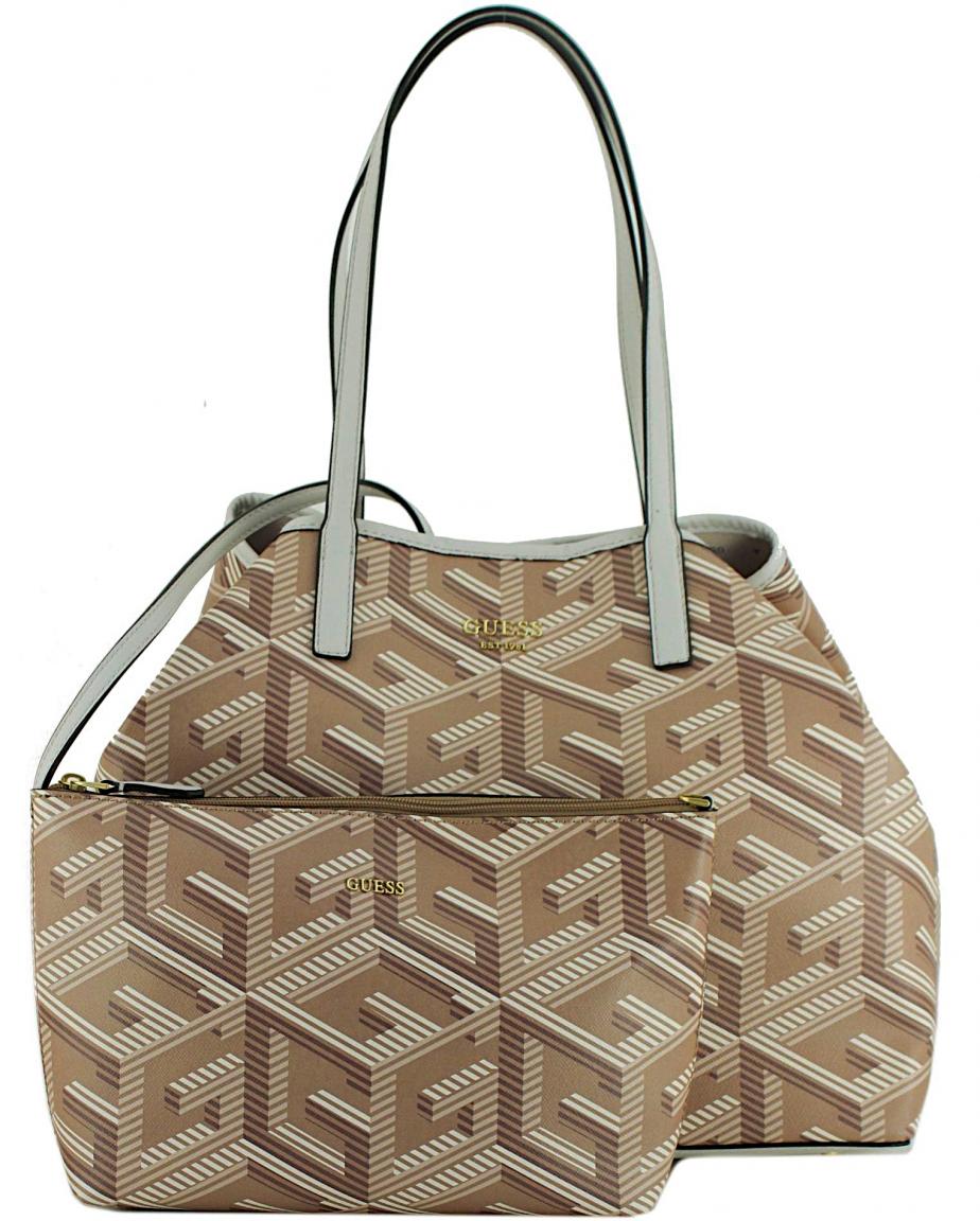 Shoppertasche Guess Vikky Taupe Logo 3D-Effekt braun Logoprint