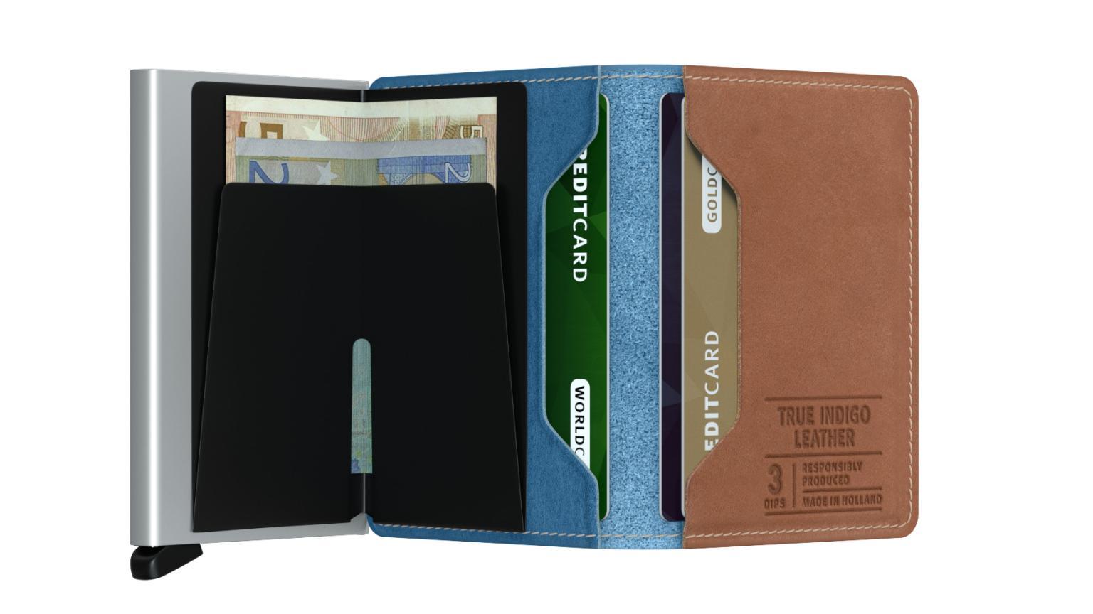 Slimwallet Indigo 3 Aluminium Kartenetui Leder blau RFID Schutz