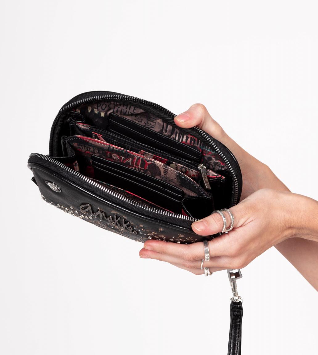 Spirit Anekke Taschenorganizer Clutch schwarz Glitzersteine Goldnähte Handgriff