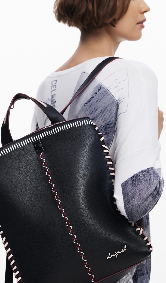 Tagesrucksack Manhattan Desigual schwarz Sumy Pespuntes Ziernähte rot