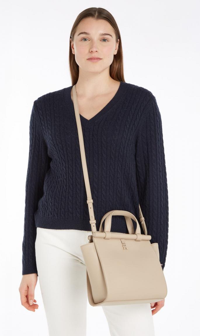 Tommy Hilfiger Kurzgrifftasche Mini TH Feminine Small Tote merino beige Umhängegurt