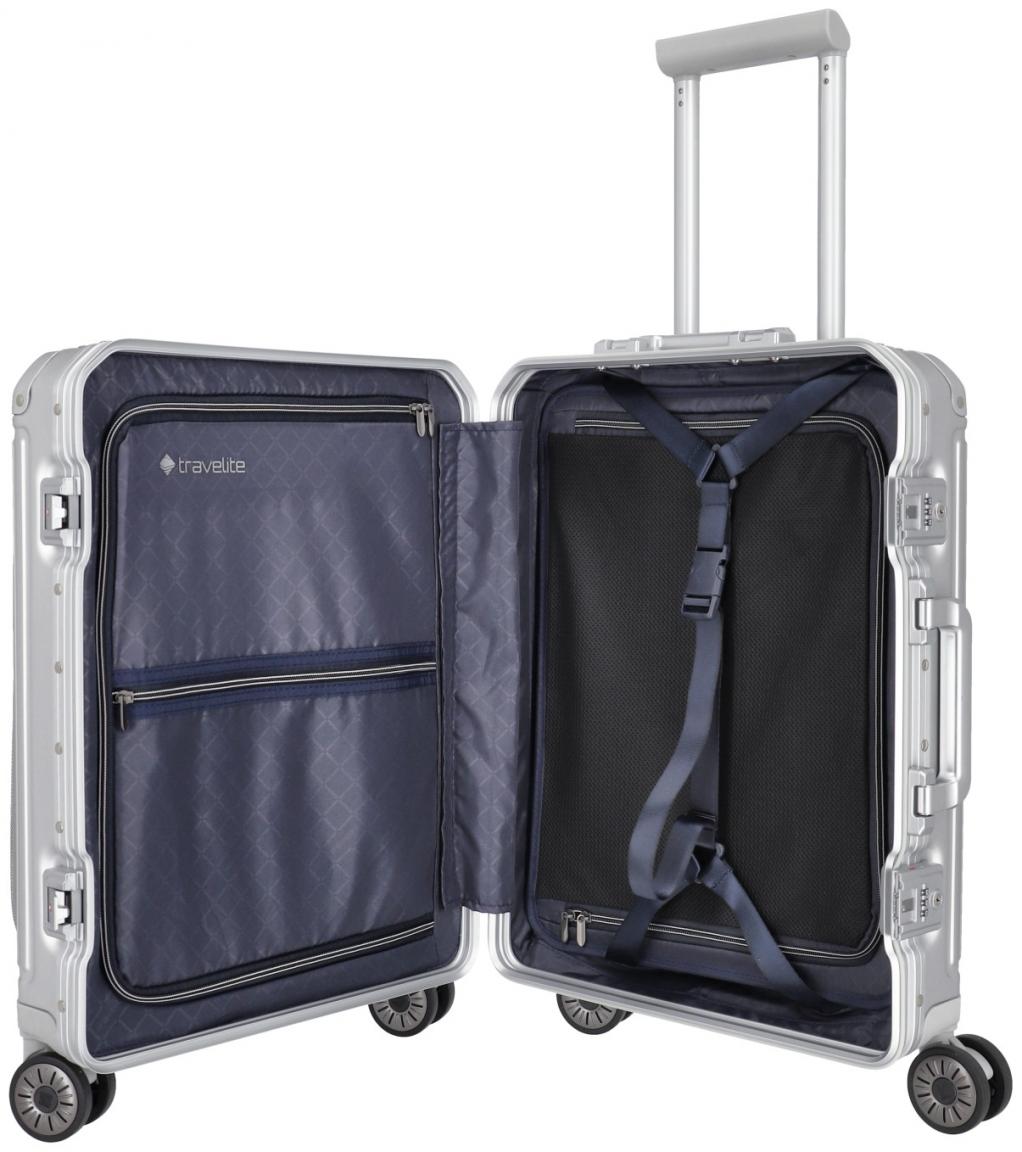 Travelite Next Handgepäckkoffer Aluminium silber Vortasche Laptopfach