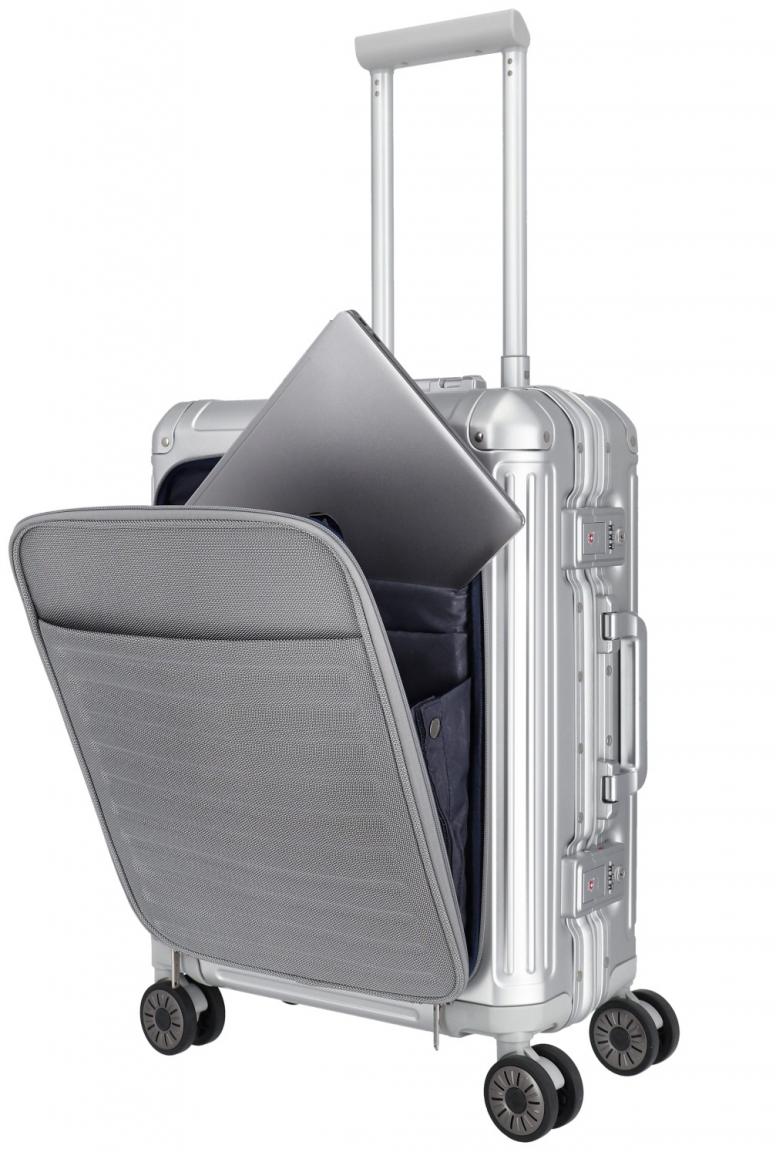 Travelite Next Handgepäckkoffer Aluminium silber Vortasche Laptopfach