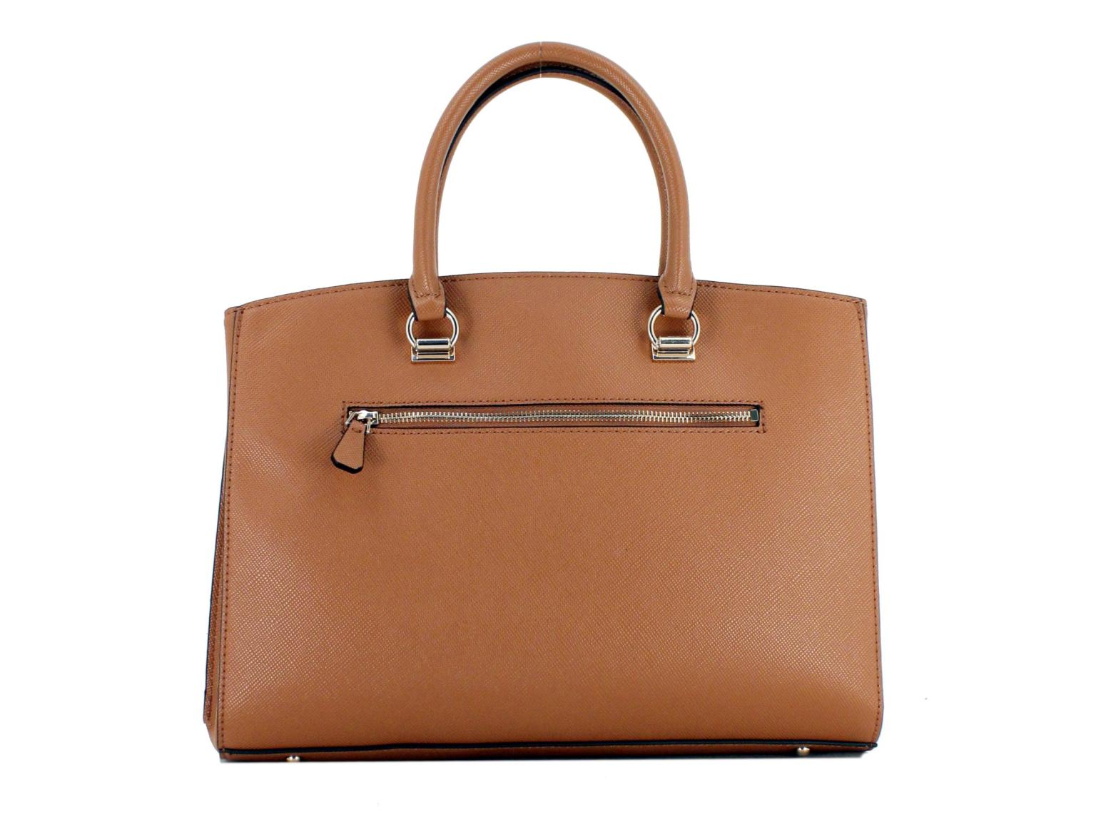 Trendsetter Light Cognac Braun Guess Alexie Henkeltasche Laptop Markenanhänger rund 