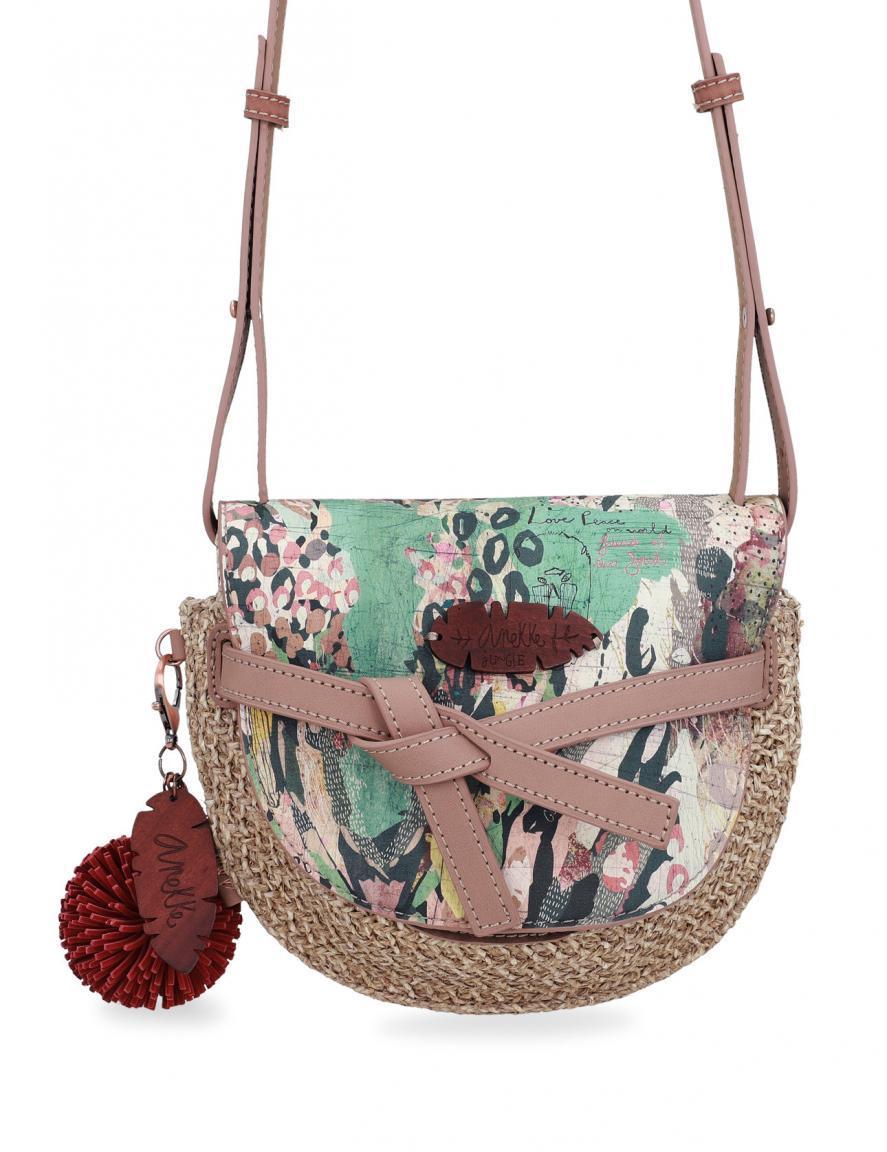 Überschlagtasche Anekke Jungle Raffia Bast beige bunt Bommel