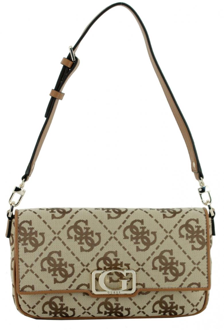 Überschlagtasche Jacquardgewebe braun beige Guess Circe Shoulder Bag Latte Logo