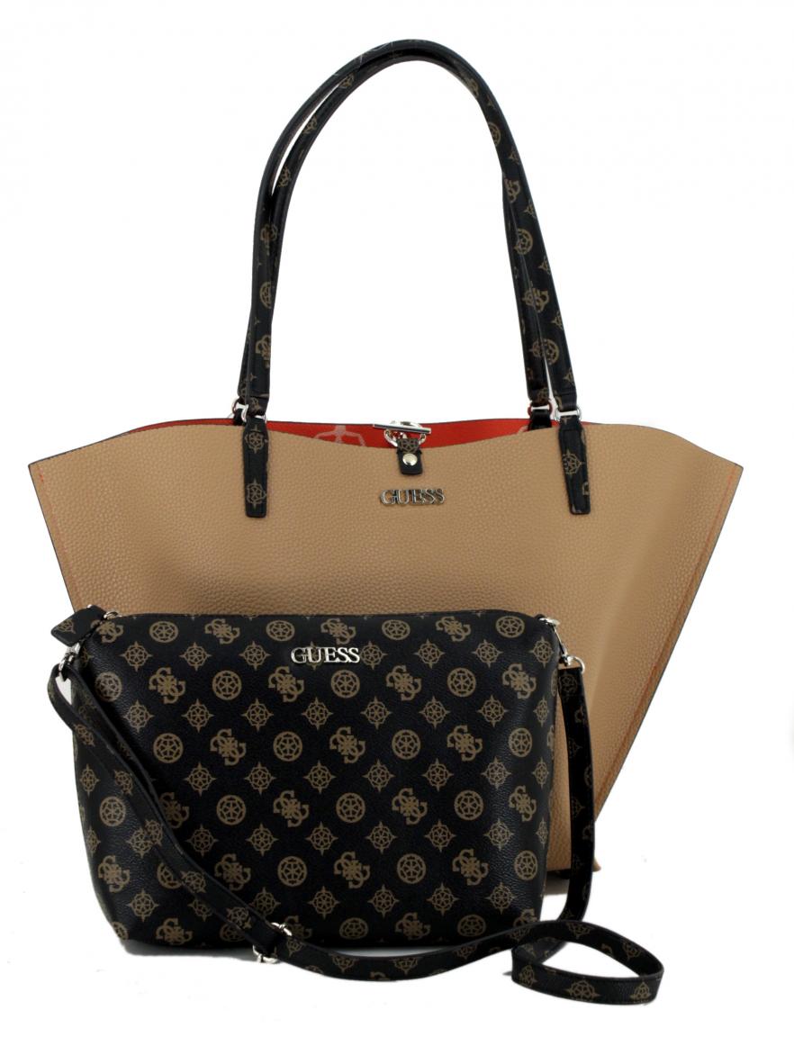 Wendetasche 2in1 Guess Alby extra Innentasche Orange Alloverprint Cognac