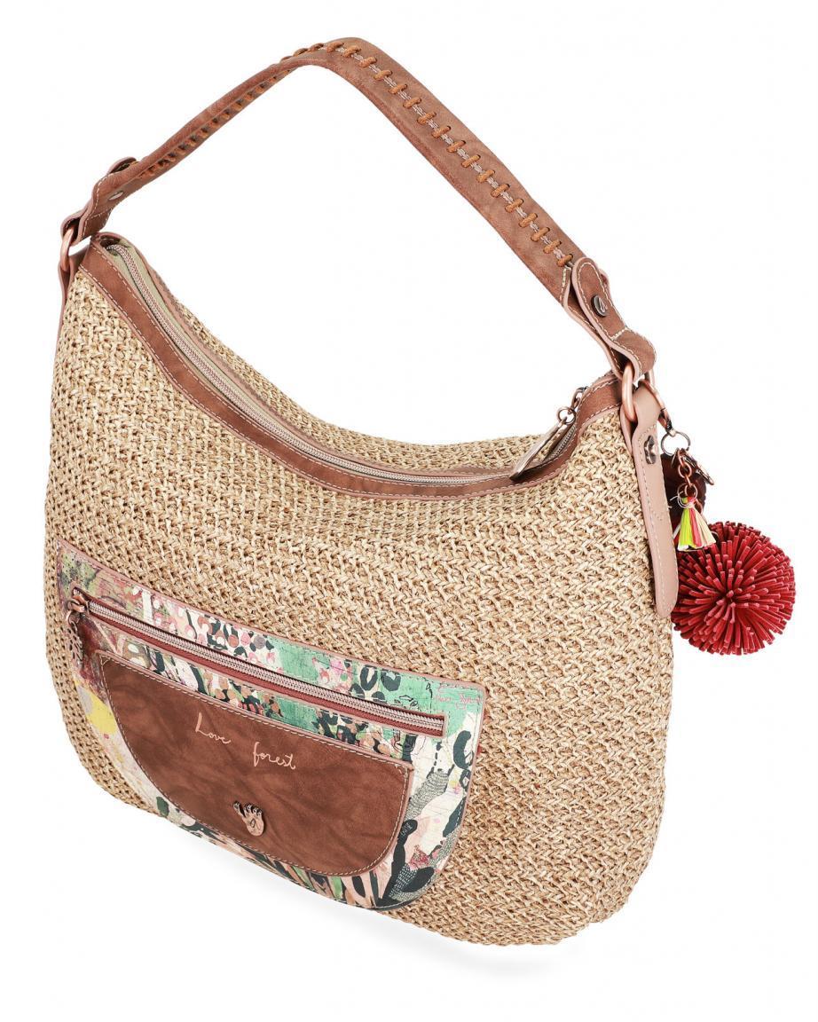 bestickte Basttasche Hobo Bommel Anekke Jungle beige Raffia