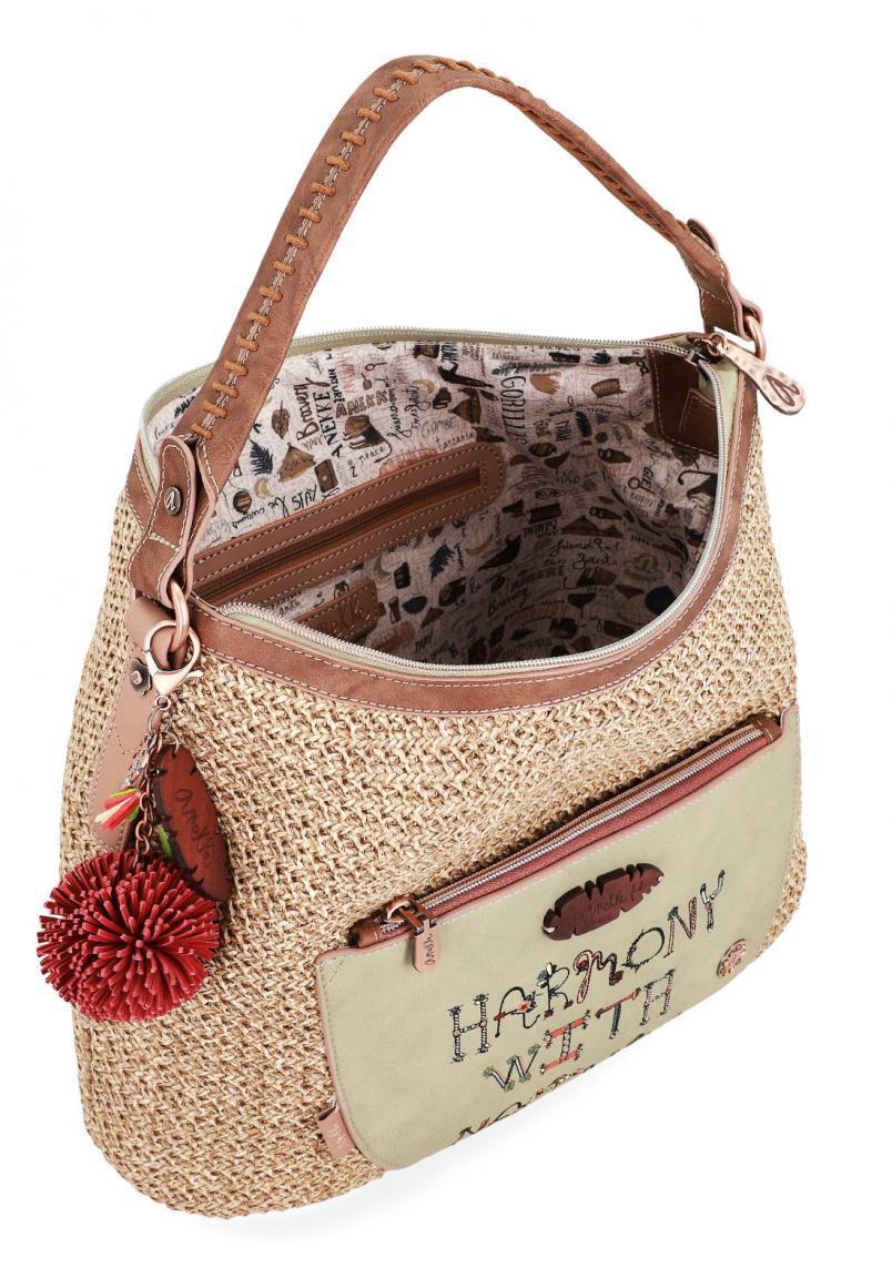 bestickte Basttasche Hobo Bommel Anekke Jungle beige Raffia