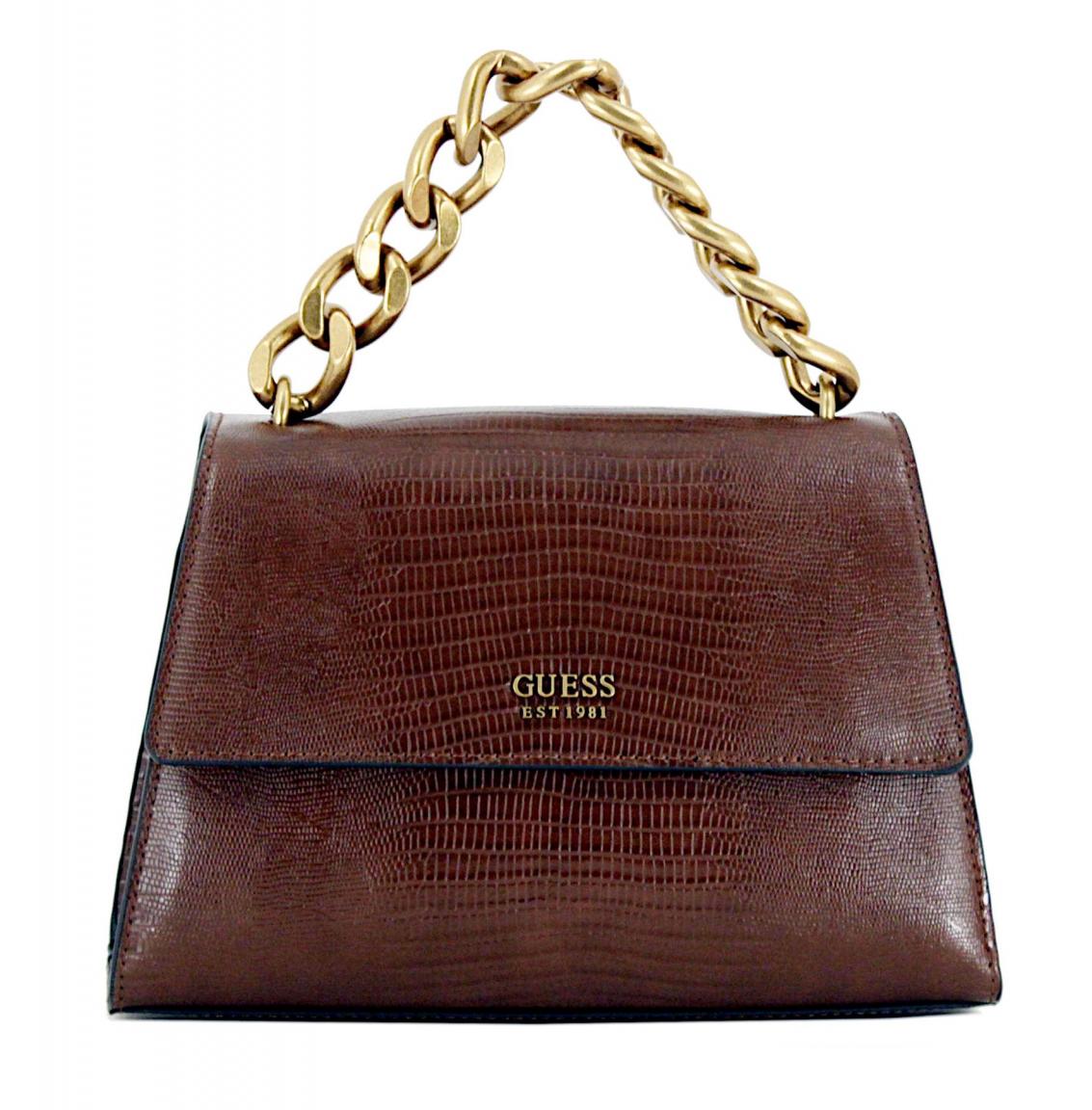 edle Überschlagtasche Guess Tullia Espresso Braun Kette Schlagenhautprägung