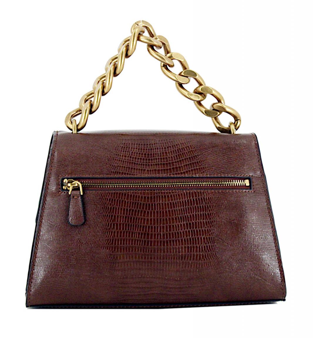 edle Überschlagtasche Guess Tullia Espresso Braun Kette Schlagenhautprägung