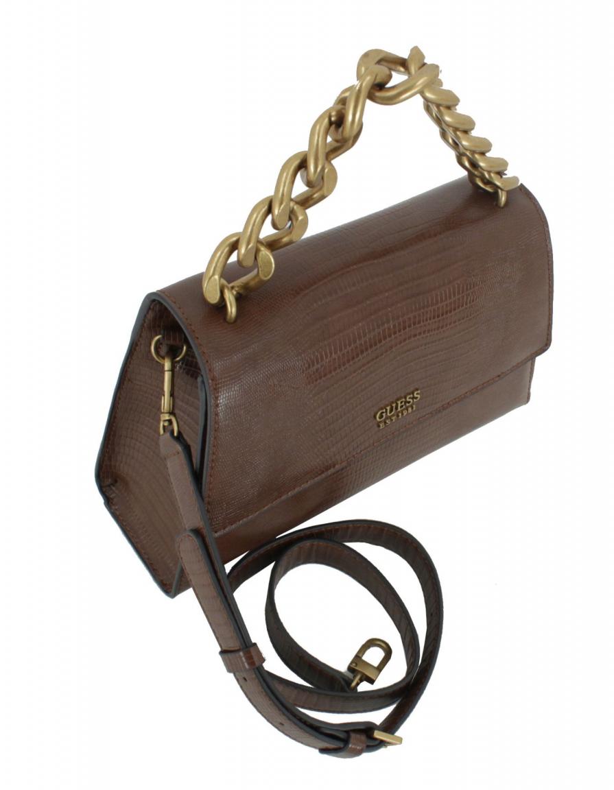 edle Überschlagtasche Guess Tullia Espresso Braun Kette Schlagenhautprägung