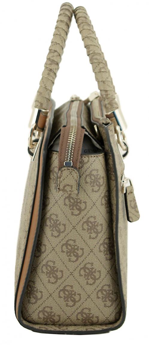 elegante Kurzgrifftasche Guess Orlina Logo Society Satchel Coal 4G-Print