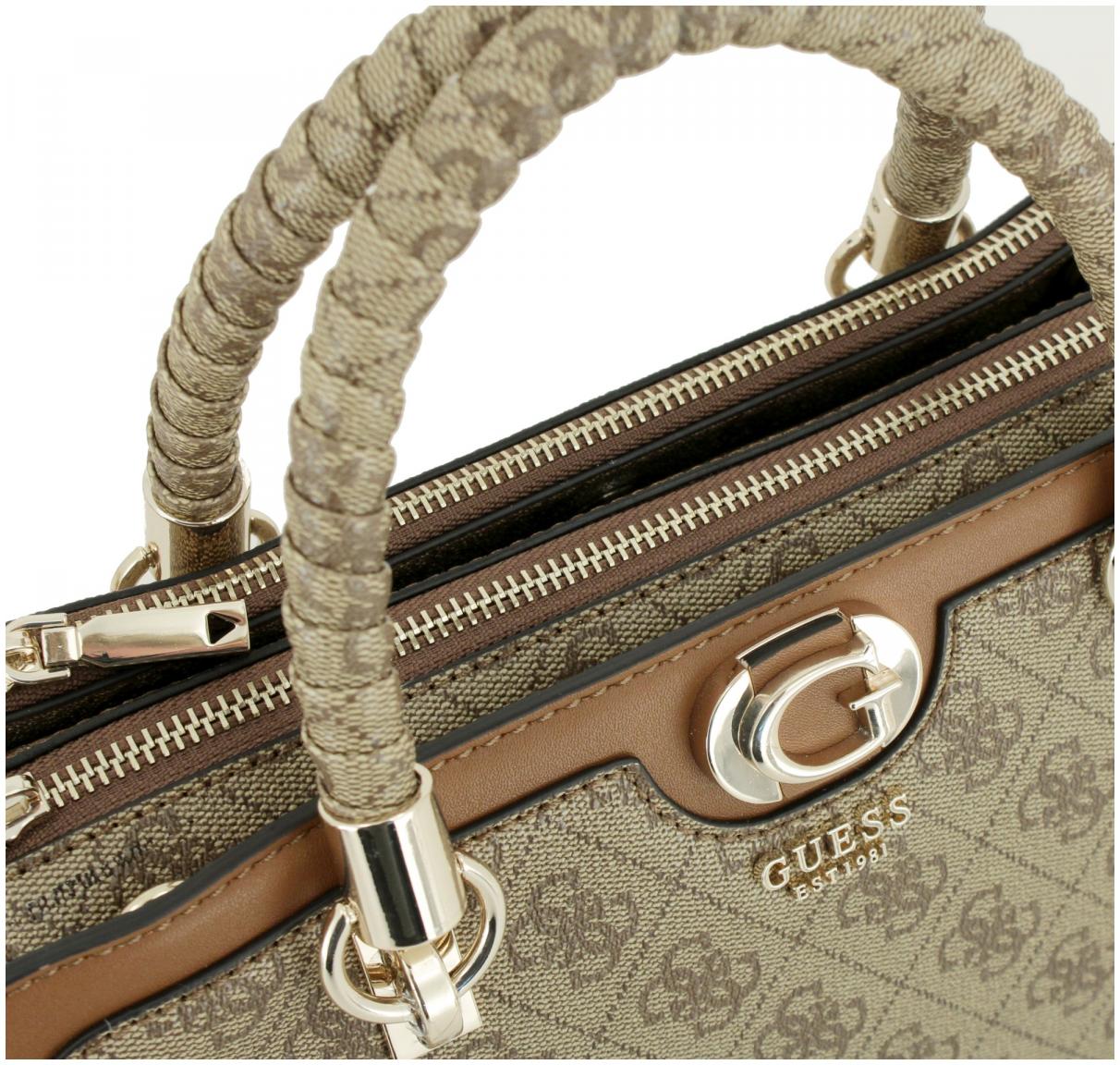 elegante Kurzgrifftasche Guess Orlina Logo Society Satchel Coal 4G-Print