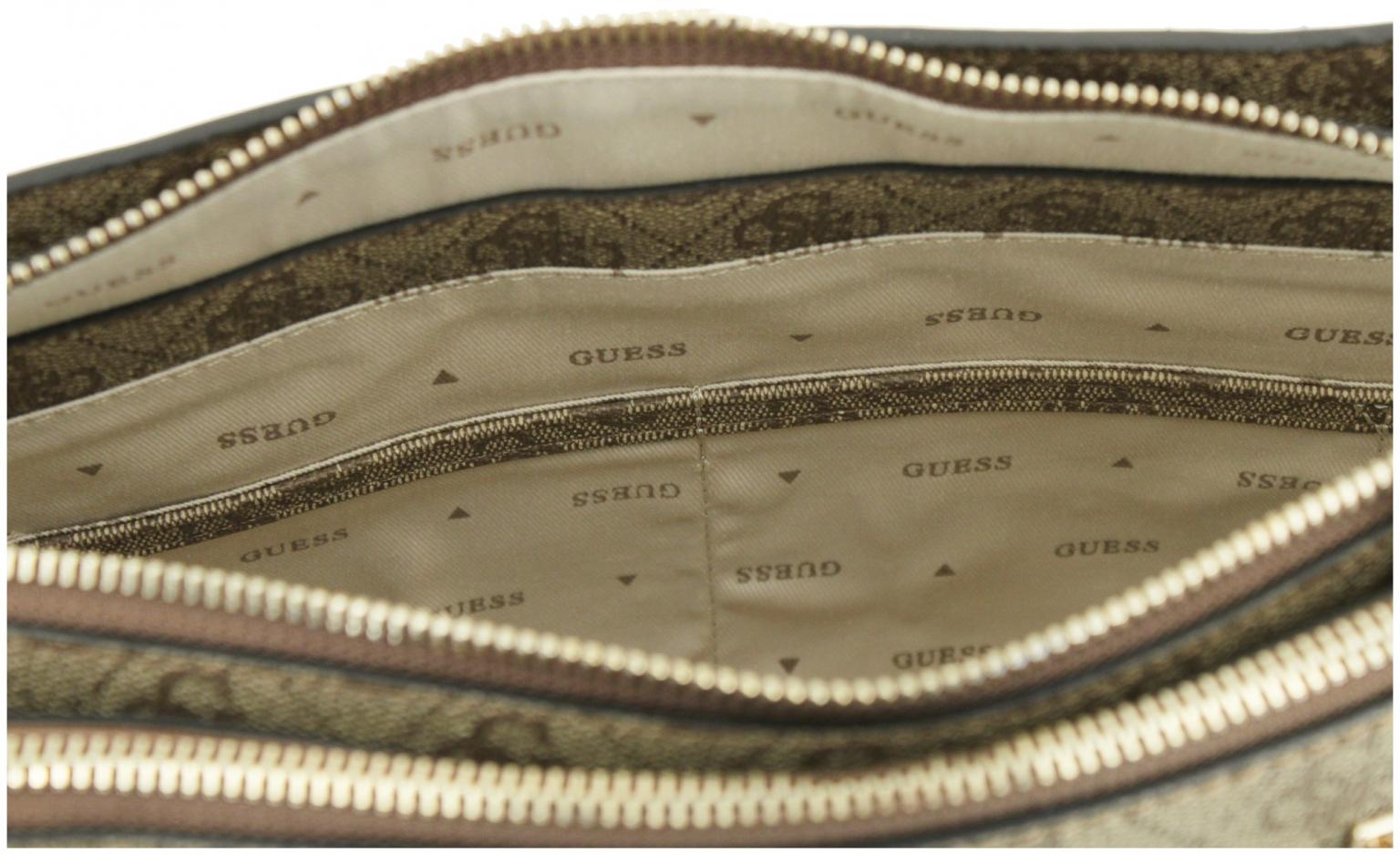 elegante Kurzgrifftasche Guess Orlina Logo Society Satchel Coal 4G-Print