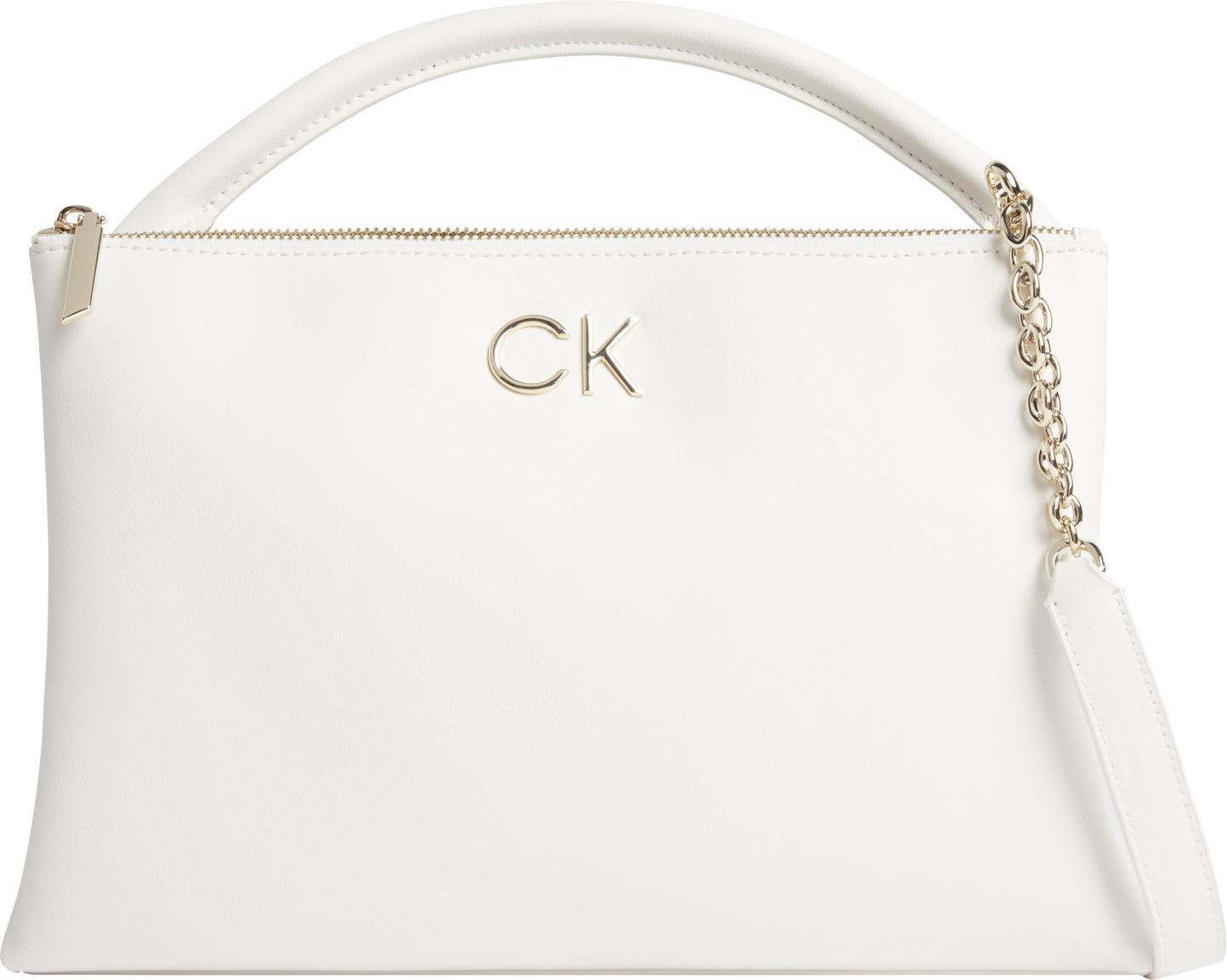 elegante Tragetasche Calvin Klein Lock Top Tote Kettenhenkel Ecru Weiß