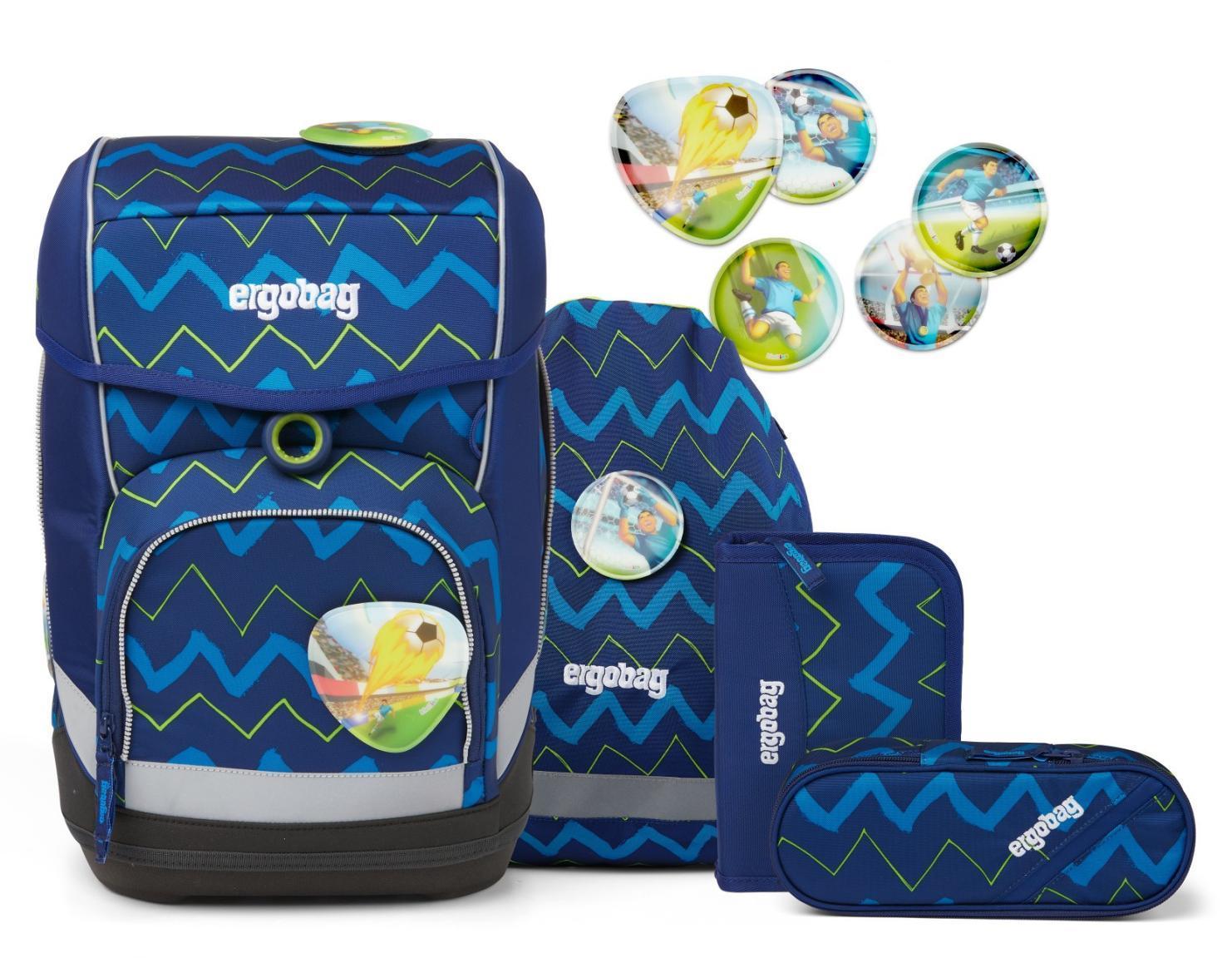 ergobag cubo FallrückziehBär Schulranzenset blau zickzack Fußball 5teilig