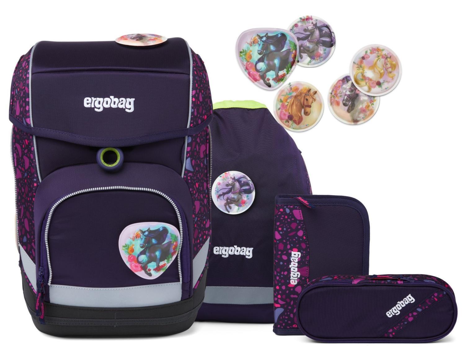 ergobag cubo Schulrucksack Set lila pink Pferde Sportbeutel Federpennal