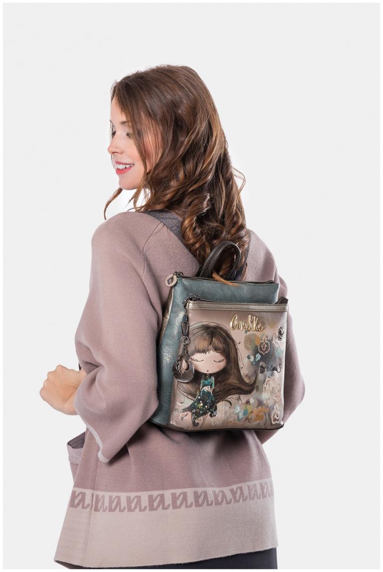 femininer Backpack Anekke blau Nieten Stickereien Print Real beige