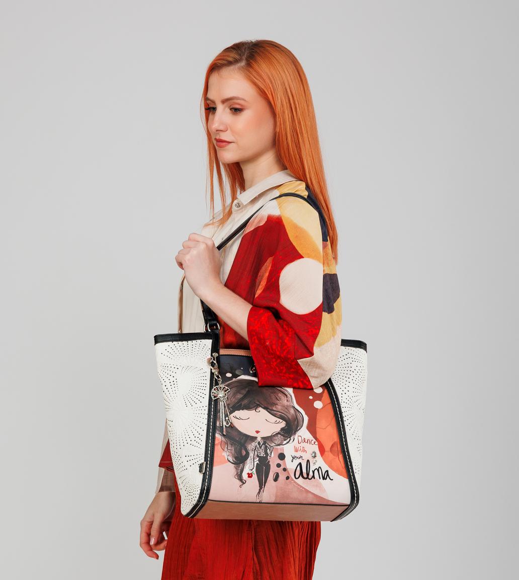geräumige Schultertasche Anekke weiß Compicprint Alma Kontrast