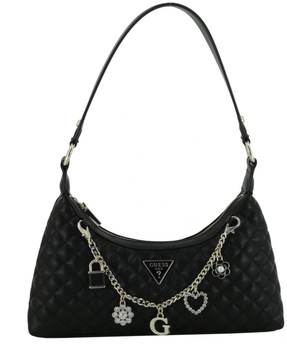 gesteppte Hobotasche Metallkette Glitzer Guess Everlee Top Zip Shoulder Bag schwarz