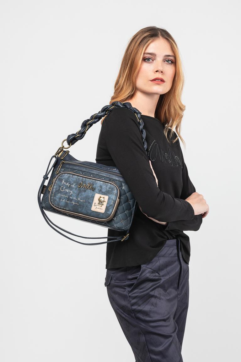 gesteppte Schultertasche Stickerei dunkelblau Anekke Mademoiselle Boutique