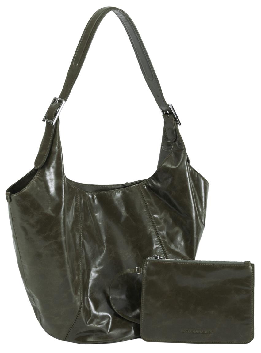 große Beuteltasche dunkelgrün glänzend Les Visionnaires Amelie Crinkle Finch