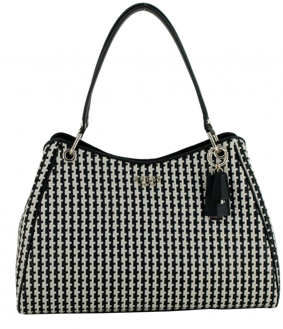 große Flechttasche schwarz beige Streifen Guess Mirema Black Multi