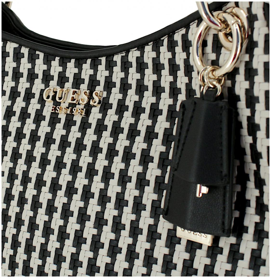 große Flechttasche schwarz beige Streifen Guess Mirema Black Multi