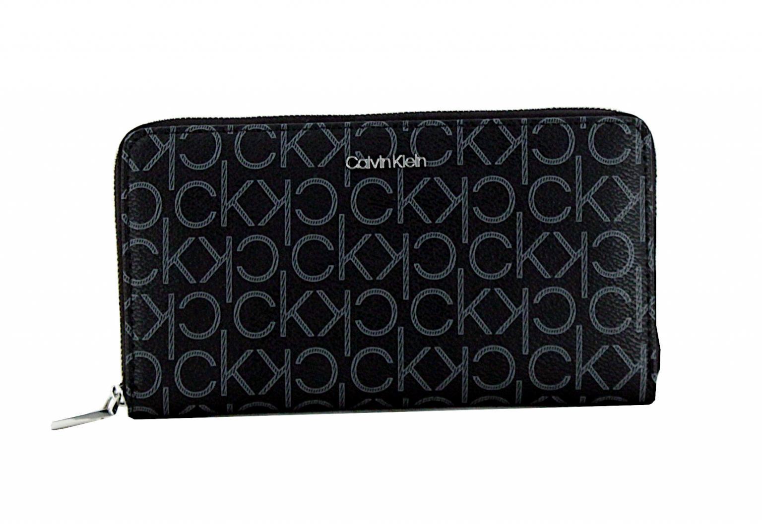 große Geldtasche schwarz Alloverprint Monogramm CK Must Ziparound