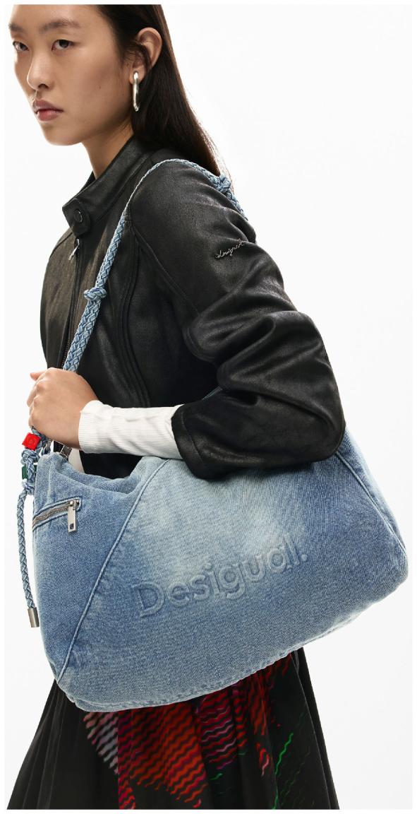 große Jeanstasche Desigual flexibel Leiria 2.0 Denim Raw used Knotendetail blau