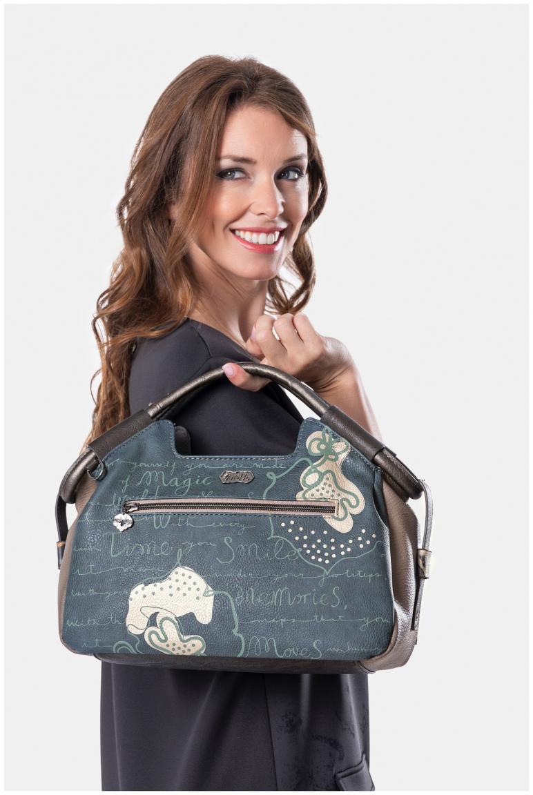 großzügige Handtasche Anekke beige Kurzgriff blau Strasssteine abstrakt Real