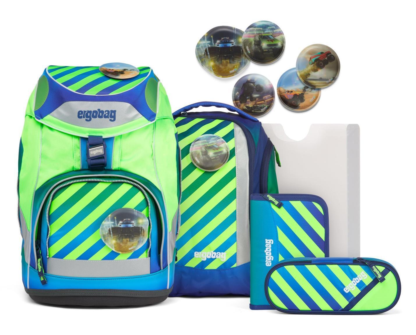 neongrüner Schulrucksack blau 6-teiliges Set ergobag pack TruckBär Neo Edition