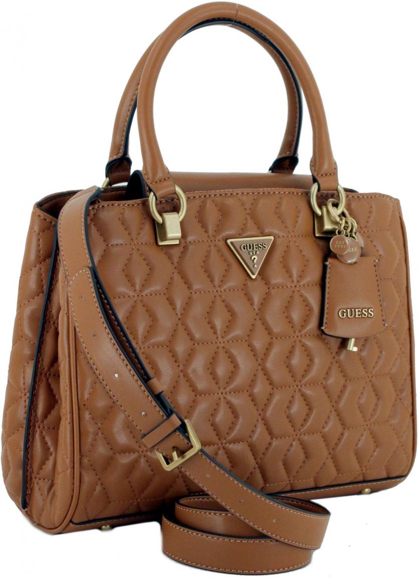 raffinierte Kurzgrifftasche Ziernähte Guess Elenia Girlfriend Satchel Cognac braun