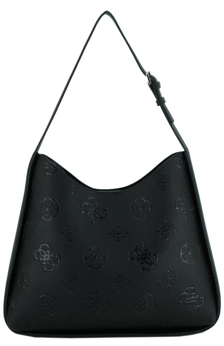 schwarze Schultertasche Logoprägung Guess Keandra Large Hobo
