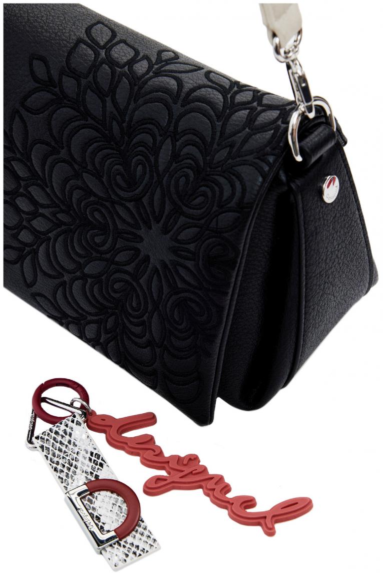 schwarze Überschlagtasche Sierra Desigual Stickerei Mandala Medium Flap