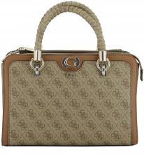 elegante Kurzgrifftasche Guess Orlina Logo Society Satchel Coal 4G-Print