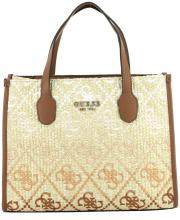 Guess Silvana Cognac Logo Kurzgrifftasche bestickt Bastgeflecht braun
