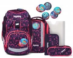 6-teiliges Schultaschenset ergobag pack Bärmuda Viereck LUMI Edition violett neonpink