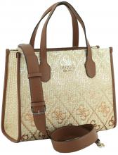 Guess Silvana Cognac Logo Kurzgrifftasche bestickt Bastgeflecht braun