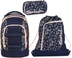 Schülerset Satch Pack Turnbeutel Schüttelpennal Schulrucksack Bloomy Breeze dunkelblau rosa Blumen