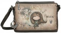 Schultertasche Anekke Real Glitzersteine Nieten beige dreigeteilt