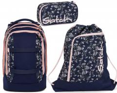 Schülerset Satch Pack Turnbeutel Schüttelpennal Schulrucksack Bloomy Breeze dunkelblau rosa Blumen